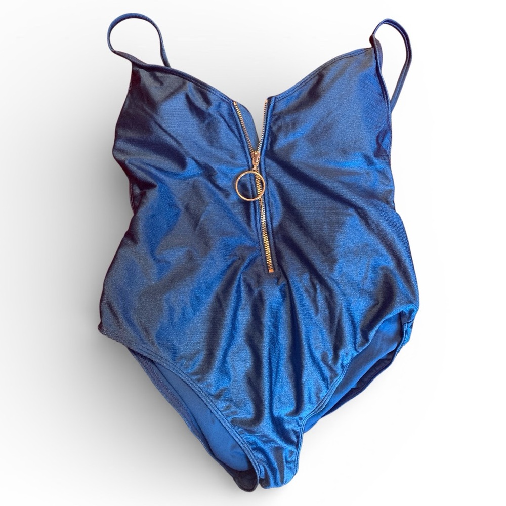 No Boundaries Metallic Royal Blue Swimsuit High Leg Cut Silver Tone Zip Up